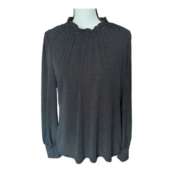 Adrianna Papell Ruffle‎ Neck  Top Women's Size L Large Pindot Black White - Picture 2 of 14